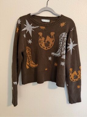 Blue B Western Cowboy Boots Horseshoe Star Sweater Brown Size L Rodeo Country